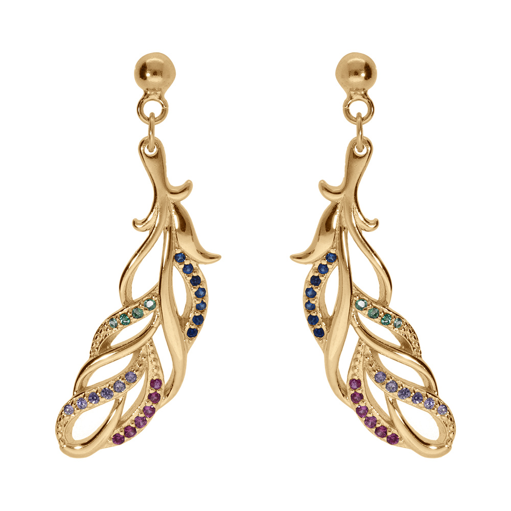 Boucles d\'oreille tige en vermeil feuillage orn� d\'oxydes multi couleurs - Vue 1