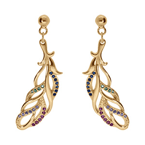 Boucles d'oreille tige en vermeil feuillage orn� d'oxydes multi couleurs