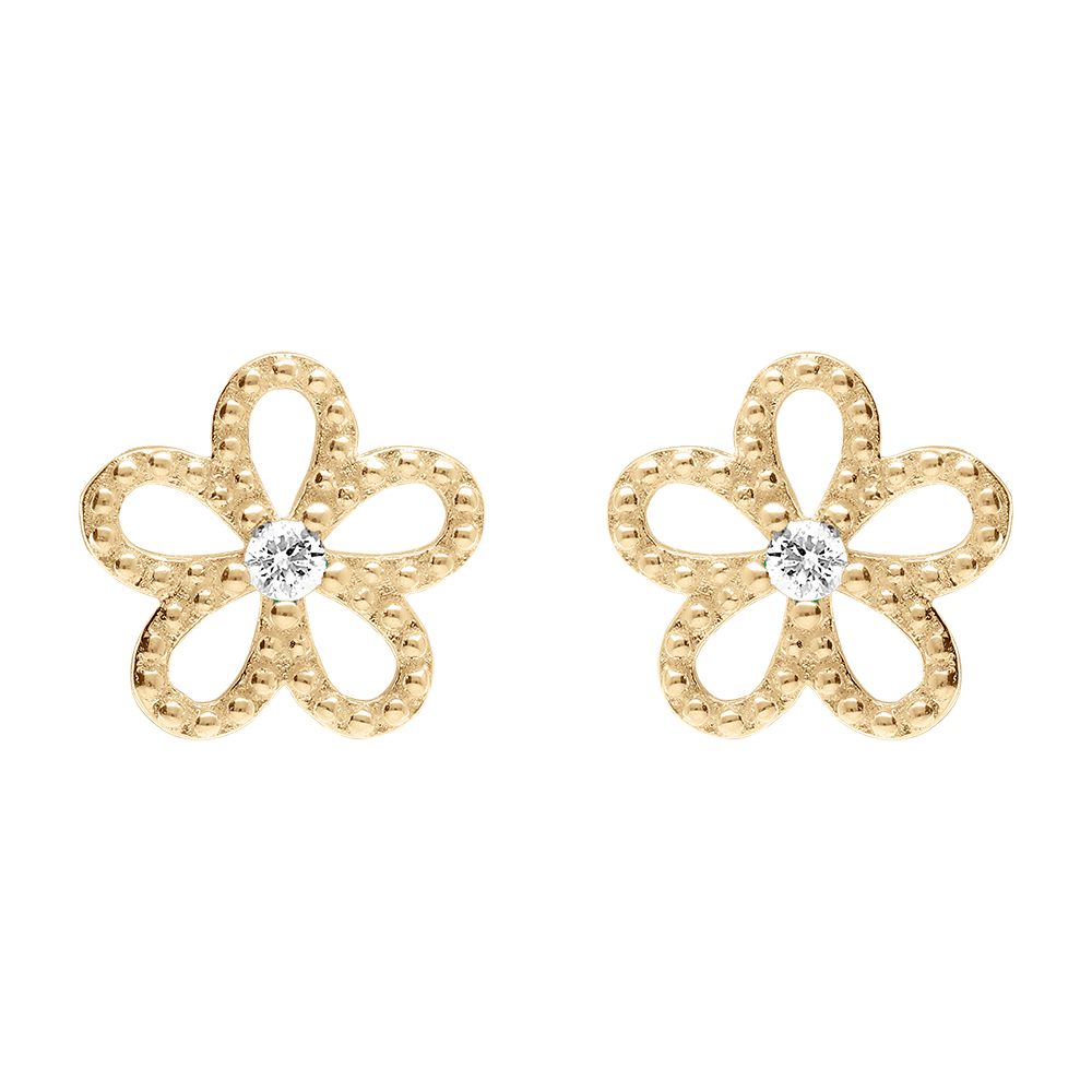 Boucles d\'oreille tige en vermeil fleur ajour�e avec oxyde blanc - Vue 1