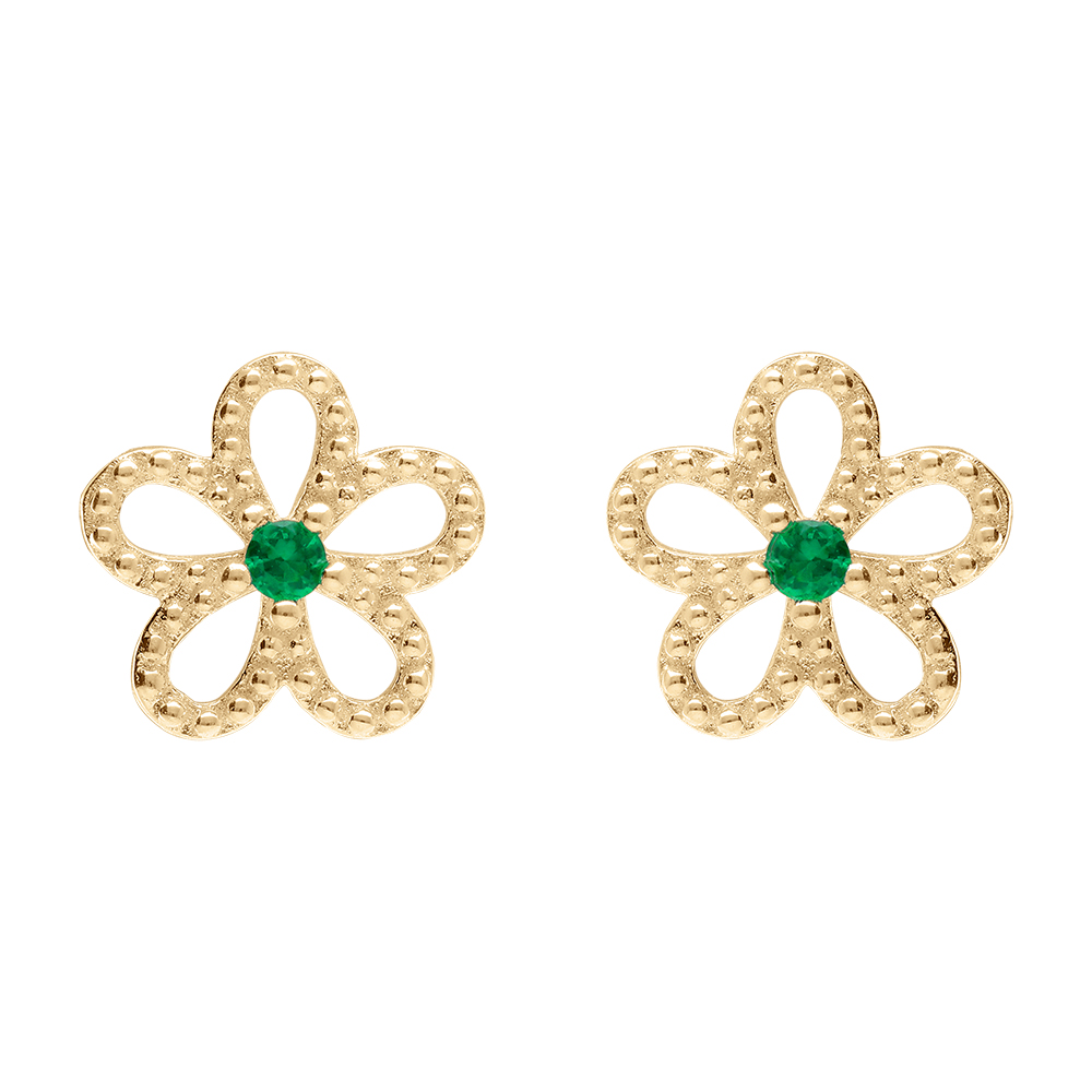 Boucles d\'oreille tige en vermeil fleur ajour�e avec oxyde vert - Vue 1