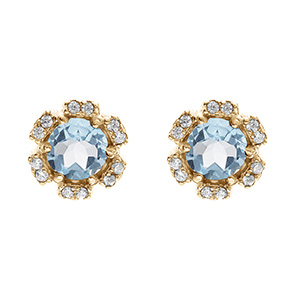 Boucles d'oreille tige en vermeil fleur d'oxydes bleu ciel et blancs sertis