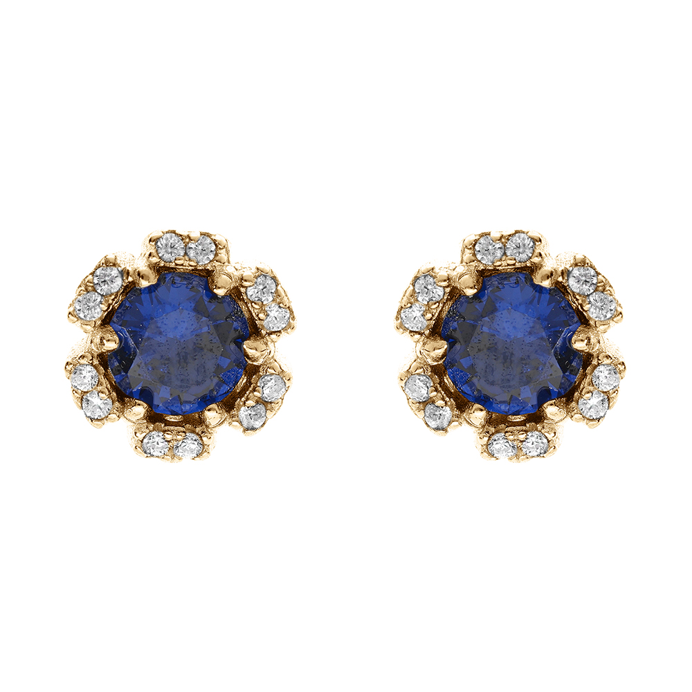 Boucles d\'oreille tige en vermeil fleur d\'oxydes bleu fonc� et blancs sertis - Vue 1