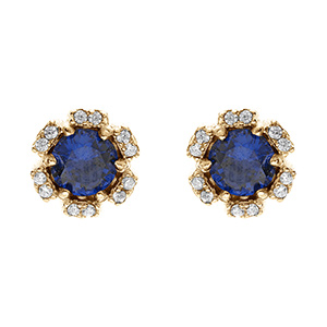 Boucles d'oreille tige en vermeil fleur d'oxydes bleu fonc et blancs sertis