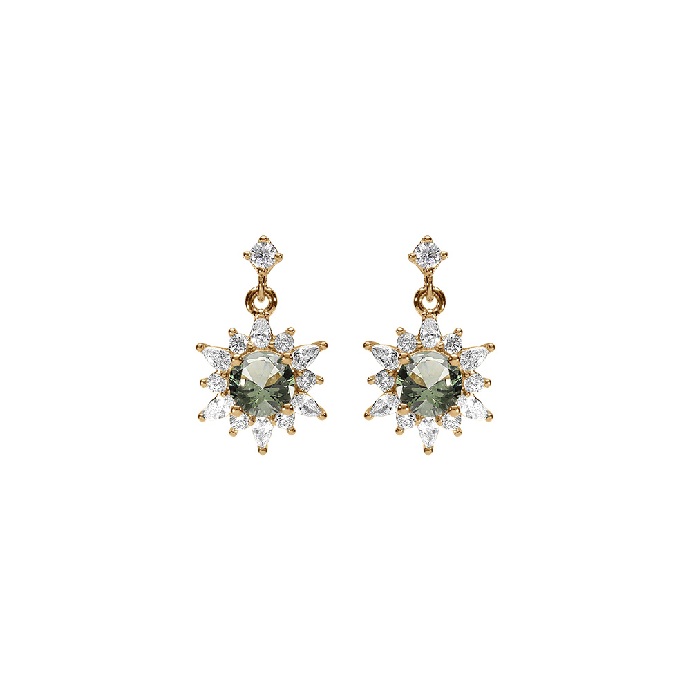 Boucles d\'oreille tige en vermeil fleur oxyde vert clair et contour oxydes blancs - Vue 1
