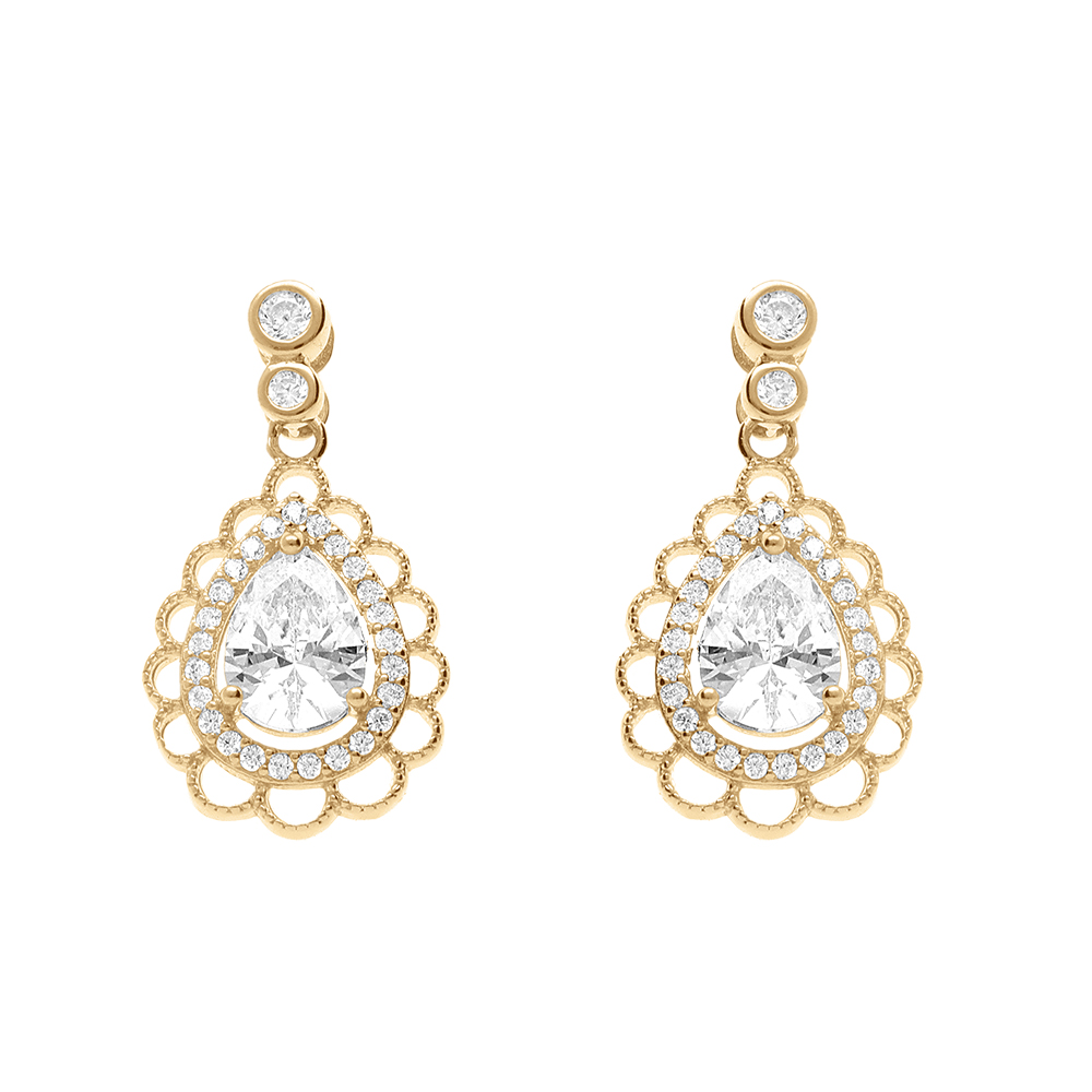 Boucles d\'oreille tige en vermeil forme goutte avec oxydes blancs sertis et contour dentell� - Vue 1