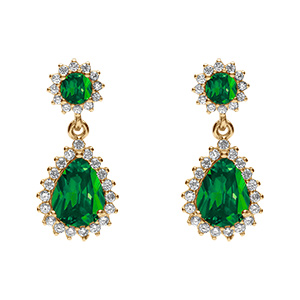 Boucles d'oreille tige en vermeil forme goutte compos d'oxydes vert et contour d'oxydes blancs sertis