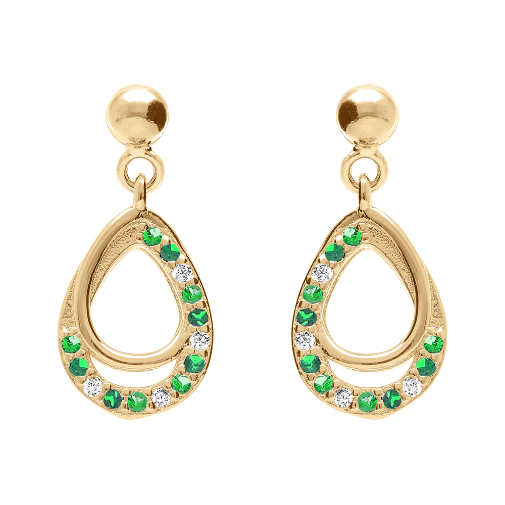 Boucles d\'oreille tige en vermeil forme goutte par�e d\'oxydes verts et blancs sertis - Vue 1