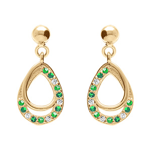 Boucles d'oreille tige en vermeil forme goutte pare d'oxydes verts et blancs sertis
