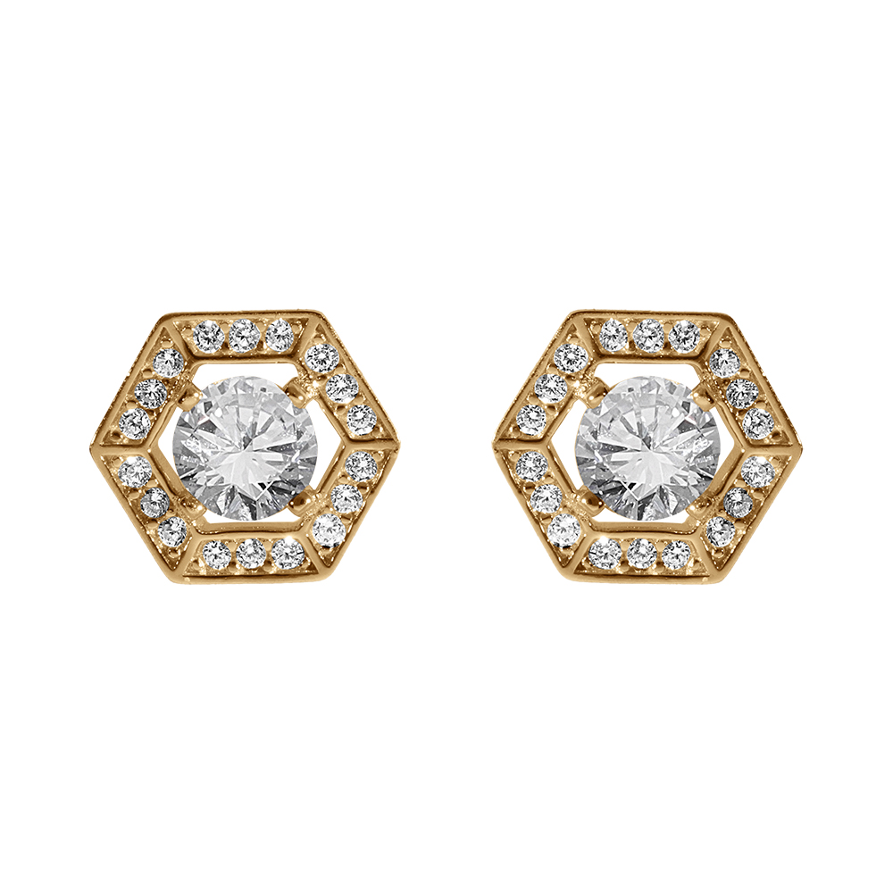 Boucles d\'oreille tige en vermeil forme hexagonale pare d\'oxydes blancs - Vue 1