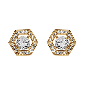 Boucles d'oreille tige en vermeil forme hexagonale pare d'oxydes blancs