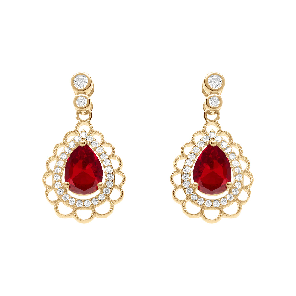 Boucles d\'oreille tige en vermeil goutte oxyde rouge serti et entour� d\'oxydes blancs - Vue 1