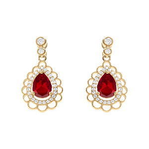 Boucles d'oreille tige en vermeil goutte oxyde rouge serti et entour� d'oxydes blancs