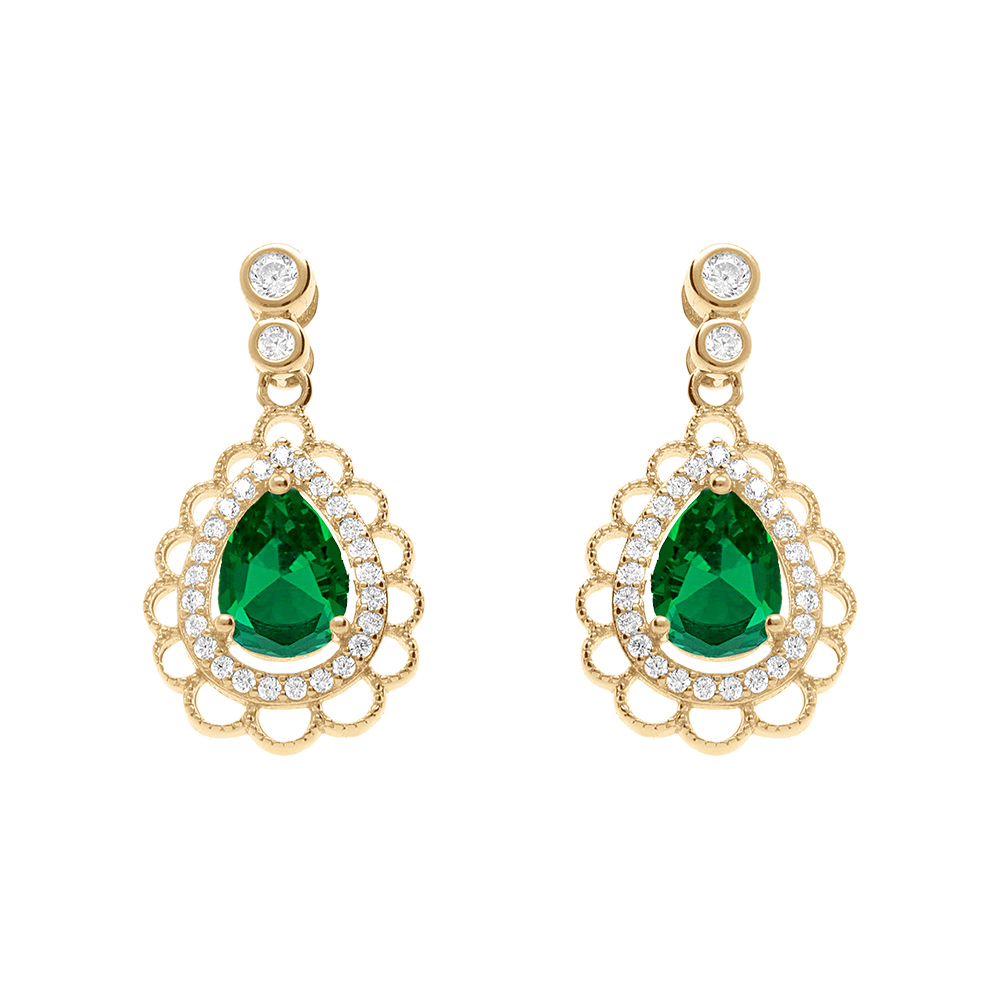 Boucles d\'oreille tige en vermeil goutte oxyde vert serti et entour� d\' oxydes blancs - Vue 1