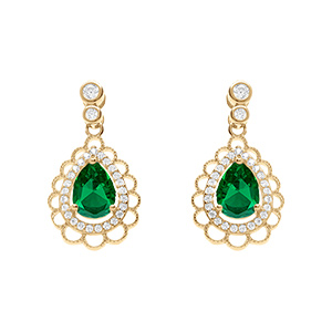Boucles d'oreille tige en vermeil goutte oxyde vert serti et entour� d' oxydes blancs