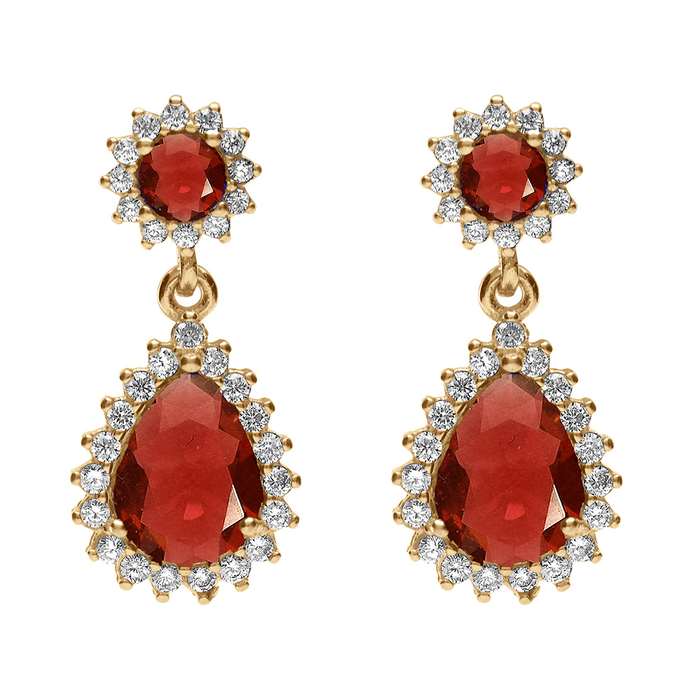 Boucles d\'oreille tige en vermeil  goutte oxydes rouge et halo d\'oxydes blancs sertis - Vue 1