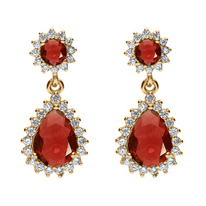 Boucles d'oreille tige en vermeil  goutte oxydes rouge et halo d'oxydes blancs sertis