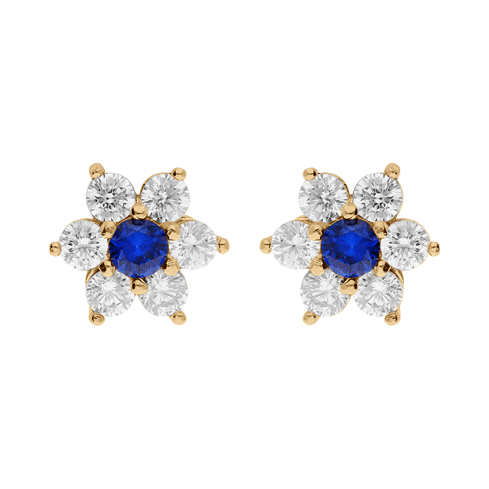 Boucles d\'oreille tige en vermeil marguerite avec oxyde central bleu fonc� et contour oxydes blancs sertis - Vue 1