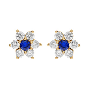 Boucles d'oreille tige en vermeil marguerite avec oxyde central bleu fonc et contour oxydes blancs sertis