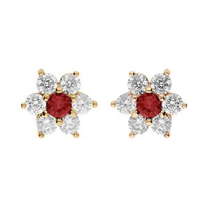 Boucles d'oreille tige en vermeil marguerite avec oxyde central rouge et contour oxydes blancs sertis