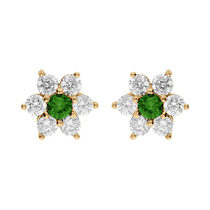 Boucles d'oreille tige en vermeil marguerite avec oxyde central vert et contour oxydes blancs sertis