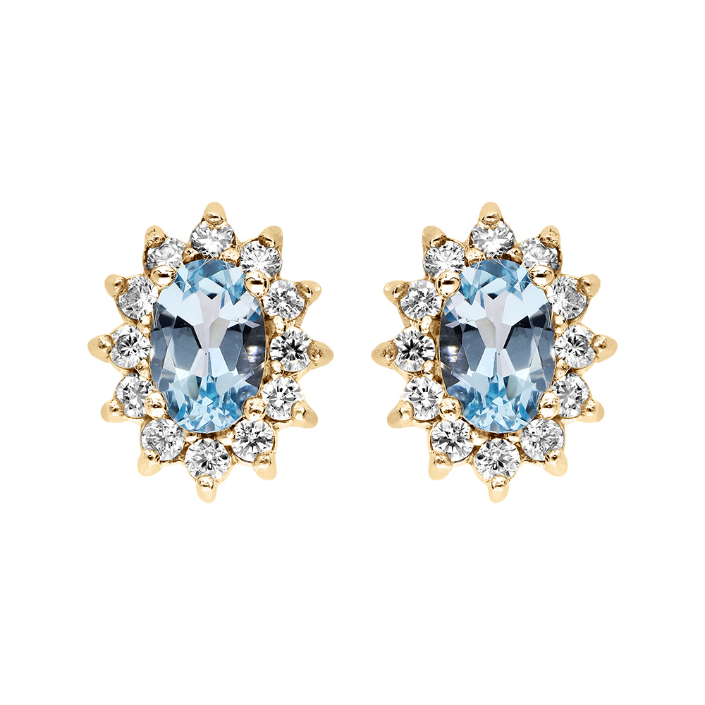 Boucles d\'oreille tige en vermeil massif avec pierre naturelle ovale topaze bleue et contour d\'oxydes blancs sertis - Vue 1