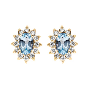 Boucles d\'oreille tige en vermeil massif avec pierre naturelle ovale topaze bleue et contour d\'oxydes blancs sertis - Vue 1