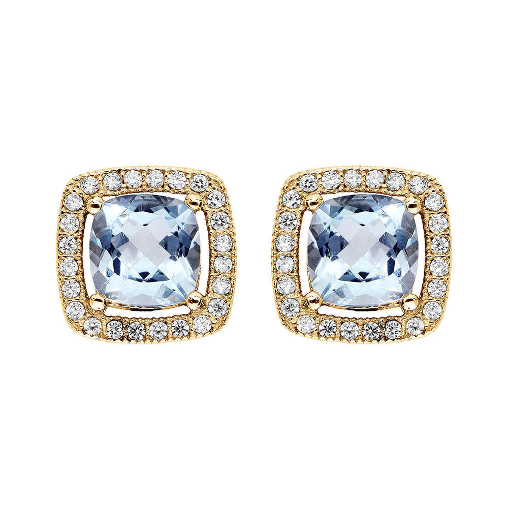 Boucles d\'oreille tige en vermeil massif rectangulaire topaze bleue vritable contour d\'oxydes blancs sertis - Vue 1