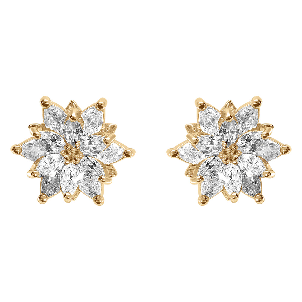Boucles d\'oreille tige en vermeil motif fleur avec oxydes blancs sertis - Vue 1