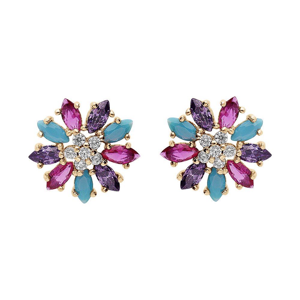 Boucles d\'oreille tige en vermeil motif fleur avec oxydes multi couleurs - Vue 1