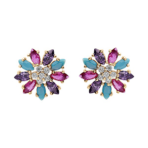 Boucles d'oreille tige en vermeil motif fleur avec oxydes multi couleurs