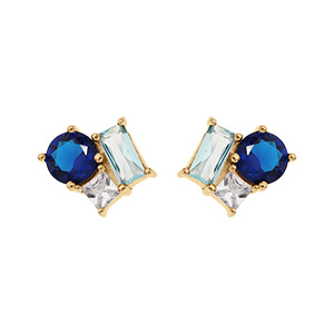 Boucles d\'oreille tige en vermeil 3 oxydes bleus et blancs sertis - Vue 1