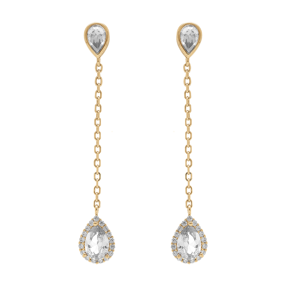 Boucles d\'oreille tige en vermeil pendantes gouttes d\'oxydes blancs et contour oxydes blancs - Vue 1