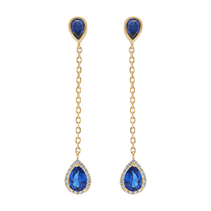 Boucles d'oreille tige en vermeil pendantes gouttes d'oxydes bleu fonc contour oxydes blancs