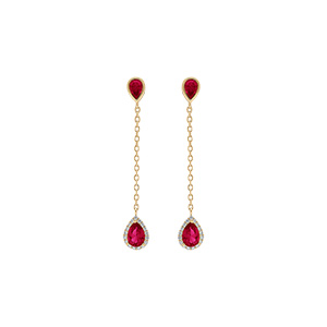 Boucles d'oreille tige en vermeil pendantes gouttes d'oxydes rouges contour oxydes blancs