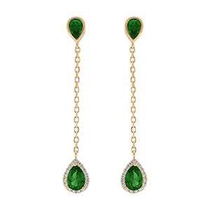 Boucles d'oreille tige en vermeil pendantes gouttes d'oxydes verts contour oxydes blancs