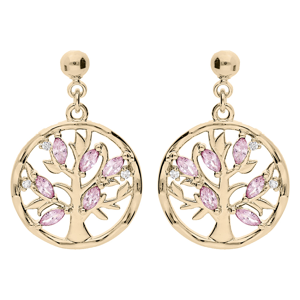 Boucles d\'oreille tige en vermeil pendentif arbre de vie avec oxydes roses - Vue 1