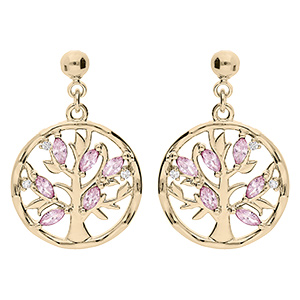 Boucles d'oreille tige en vermeil pendentif arbre de vie avec oxydes roses
