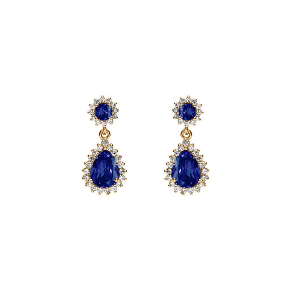 Boucles d\'oreille tige en vermeil pendentif goutte oxyde bleu et contour d\'oxydes blancs sertis - Vue 1