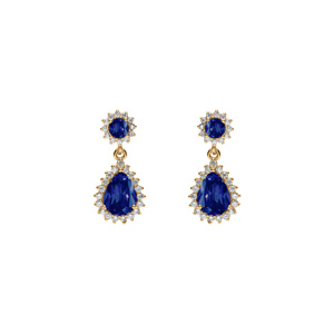 Boucles d\'oreille tige en vermeil pendentif goutte oxyde bleu et contour d\'oxydes blancs sertis - Vue 1