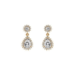 Boucles d\'oreille tige en vermeil pendentif goutte oxydes blancs et contour d\'oxydes blancs sertis - Vue 1