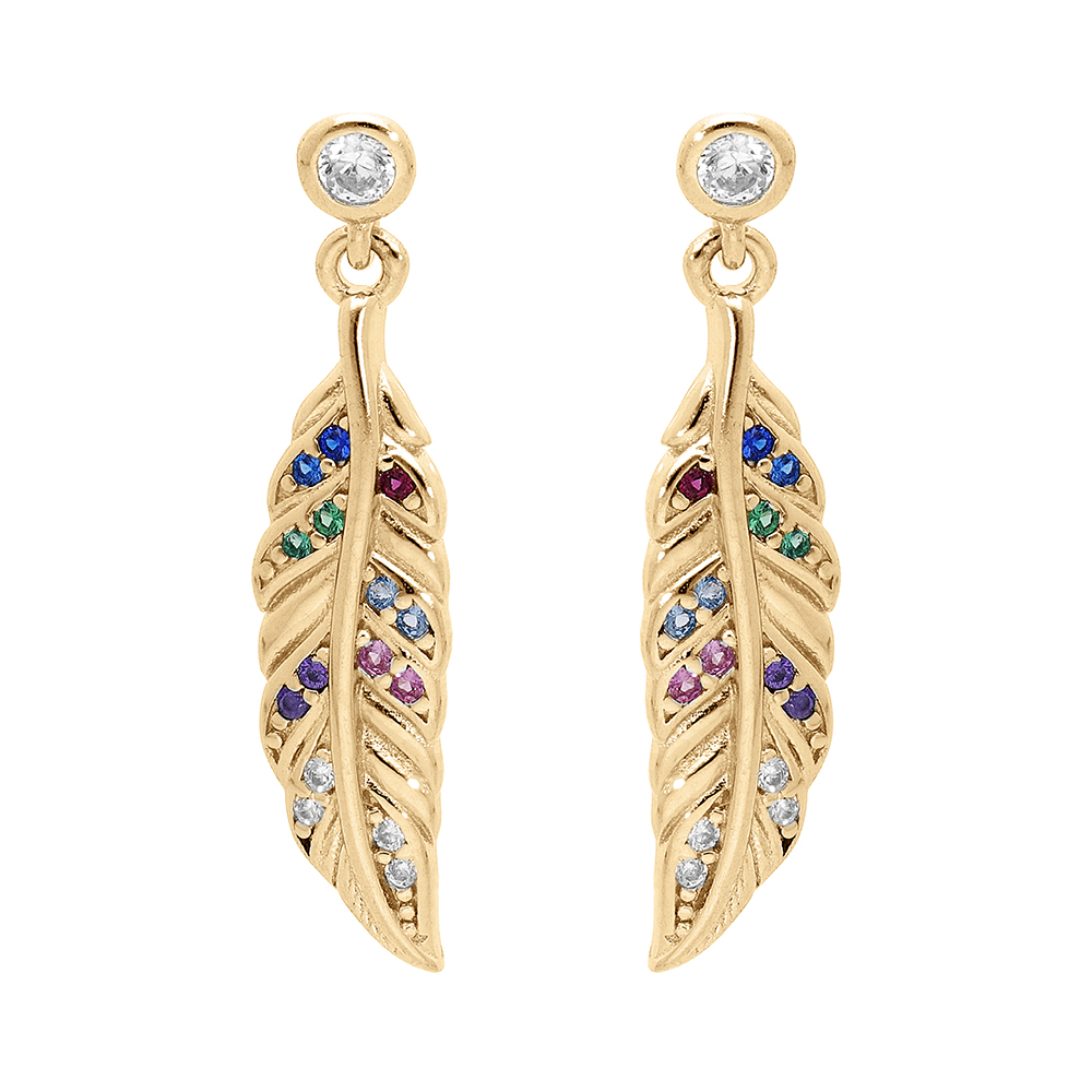 Boucles d\'oreille tige en vermeil plume d\'oxydes multi couleurs - Vue 1