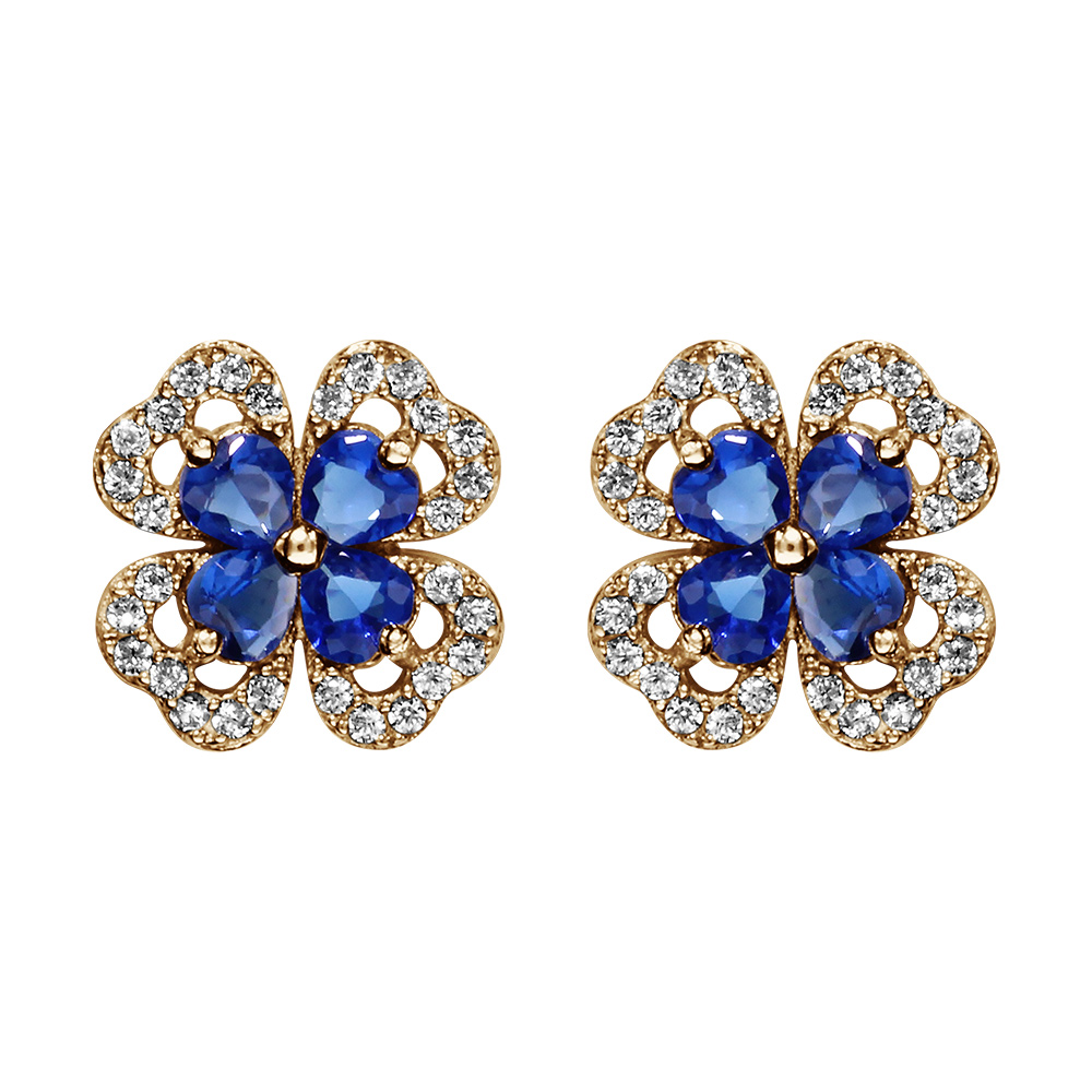 Boucles d\'oreille tige en vermeil tr�fle oxydes  bleu et  blancs sertis - Vue 1