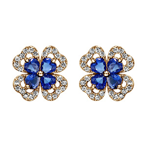 Boucles d'oreille tige en vermeil tr�fle oxydes  bleu et  blancs sertis
