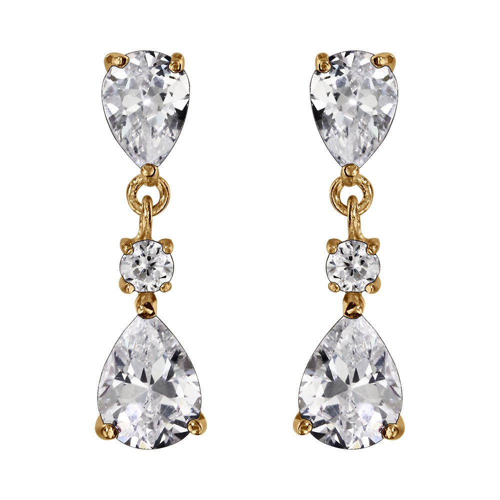 Boucles d\'oreille tige en vermeil trois oxydes blancs sertis dont deux forme goutte - Vue 1