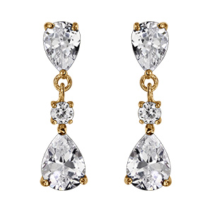 Boucles d'oreille tige en vermeil trois oxydes blancs sertis dont deux forme goutte