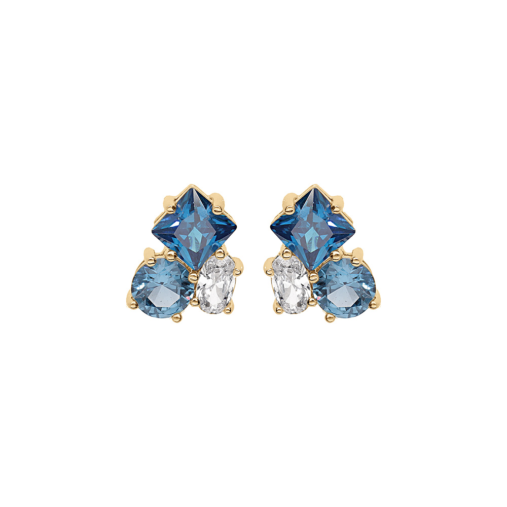 Boucles d\'oreille tige en vermeil trois oxydes bleus et blancs sertis - Vue 1