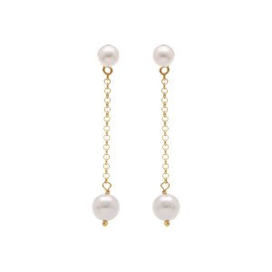 Boucles d\'oreille tige pendante en argent doré deux perles blanches imitation - Vue 1