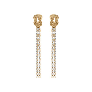 Boucles d\'oreille tige pendante en argent doré deux rangs d\'oxydes blancs sertis avec noeud - Vue 1