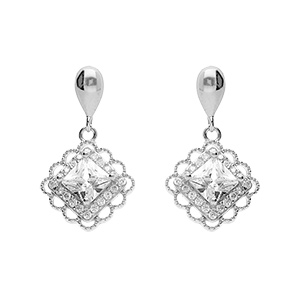 Boucles d'oreille tige pendantes en argent rhodi carr avec oxyde blanc serti et contour dentel