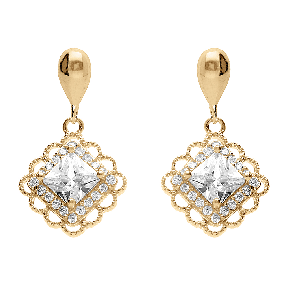 Boucles d\'oreille tige pendantes en vermeil carr� d\'oxyde blanc serti et contour dentel� - Vue 1